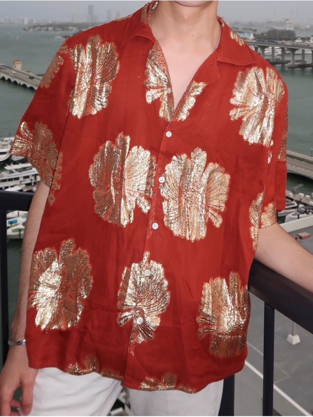 Men's Rust Orange Short-Sleeve Button-Down with Gold Foil Floral